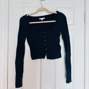 Black Ribbed Button-Up Cardigan